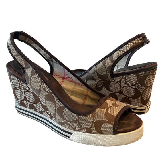 Coach Shoes - Women’s Genuine Coach Sydney Monogram Peep Toe Wedges 8.5 Brown Tan